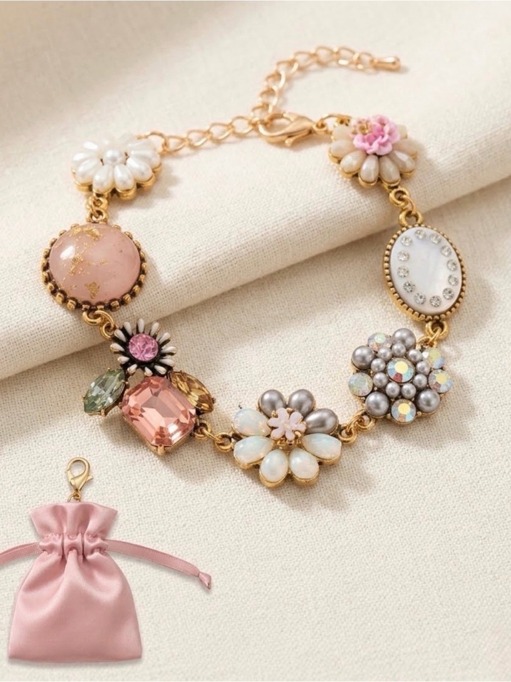 Vintage Inspired/Gold-Tone Pink
Floral Crystal Bracelet
